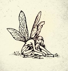 a black and white drawing of a fairy sitting on the ground