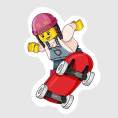 a lego man riding on top of a skateboard with his arms in the air