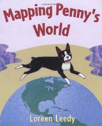 the book cover for mapping penny's world shows a dog jumping over the earth