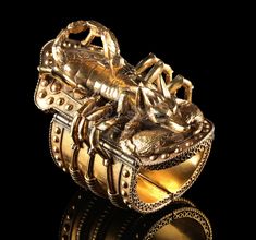 a gold ring with a scorpion on it's side, sitting in front of a black background