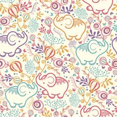 an elephant and flowers pattern on a white background with blue, pink, orange and yellow colors