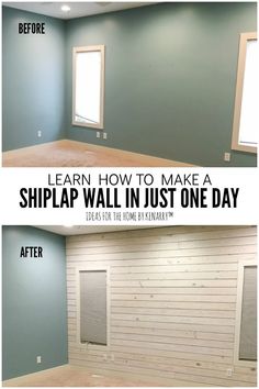 an empty room with the words learn how to make a shiplap wall in just one day