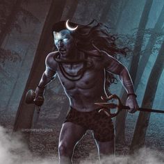 an image of a man in the woods with a horned head and two horns on his face