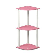 a pink and white corner shelf with two shelves on each side, against a white background