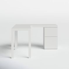 a white desk with two drawers on each side and one drawer at the top, in front of a plain background