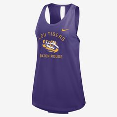 This LSU Tigers Primetime Tank Top is a warm-weather essential with lightweight, breathable fabric that helps keep you comfortable. Its crossed, open-back design is perfect for staying cool as you rep your favorite collegiate team. Breathable Purple Tops For Sports, Casual Lavender Activewear For Sports, Summer Sports Purple Activewear, Purple Summer Sports Activewear, Purple Breathable Sportswear Tops, Breathable Purple Sportswear Top, Summer Purple Activewear For Sports, Purple Casual Summer Activewear, Nike Casual Purple Activewear