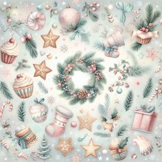 a painting of christmas items and decorations on a blue background with snowflakes, baubies, stars, wreaths