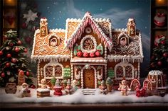 a gingerbread house decorated with christmas decorations