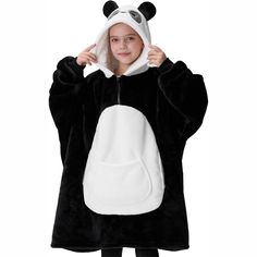 The wearable blanket for kids is designed to allow children to extend their arms freely while enjoying warmth and comfort; The large middle pocket is designed to allow the child to store small items, while we also designed small pockets on the sides to keep the child's hands warm, while the ribbed cuff prevents cold air from seeping in and enhances the overall warmth. This standard 100 by OEKO-TEX certified blanket with sleeves uses neat stitching for stronger seams, ensuring enhanced durability Panda Blanket, Blanket Sweatshirt, Hoodie For Boys, Sweatshirt Blanket, Oversized Blanket, Halloween Wigs, Oversized Flannel, Halloween Costume Shop, Blanket Hoodie