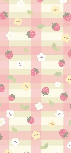 a pink and white checkered background with strawberries, flowers and leaves on it