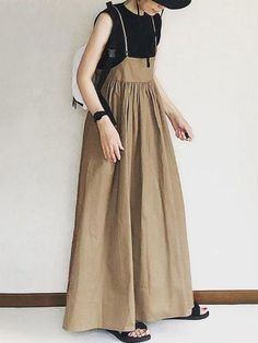 Original Solid Color Pleats Suspender Dress BLACK-FREE SIZE Suspender Skirt, Suspender Dress, Khaki Dress, Fashion Mode, Types Of Skirts, Strap Dress, Moda Fashion, Pleated Dress, Look Fashion