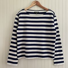 J. Crew Relaxed Long- Sleeve Boatneck T-Shirt In Stripe Nwt Color: Navy / White Classic Stripes Boatneck Neckline Long Sleeves Relaxed Fit 100% Cotton Armpit To Armpit 19.25” / Length 22” Excellent Nwt Condition Sailor Striped Long Sleeve Top, Striped Sailor Long Sleeve Top, Sailor Style Striped Long Sleeve Top, White Sailor Style Long Sleeve Tops, Navy Cotton Nautical Tops, Navy Sailor Tops For Spring, Navy Sailor Style Top For Spring, Cotton Sailor Style Top, Sailor Style Striped Cotton Top