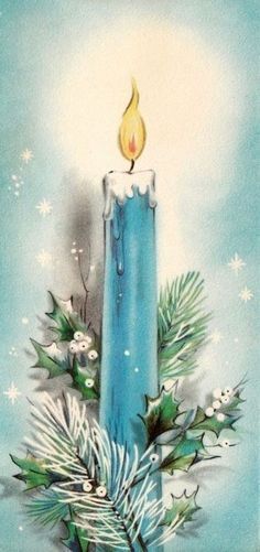 a blue lit candle surrounded by evergreen branches and snowflakes on a blue background