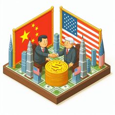 two men shaking hands over a pile of money in front of an american and chinese flag