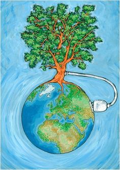 a painting of a tree on top of the earth with an electric charger attached to it