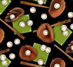 a baseball bat, glove and ball on a black background