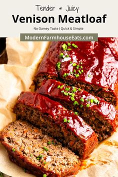 sliced meatloaf with ketchup and green onions on top