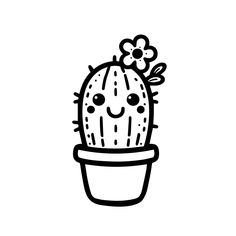 a black and white drawing of a cactus in a pot with a flower on it