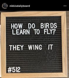 a sign that reads how do birds learn to fly? they wing it 512