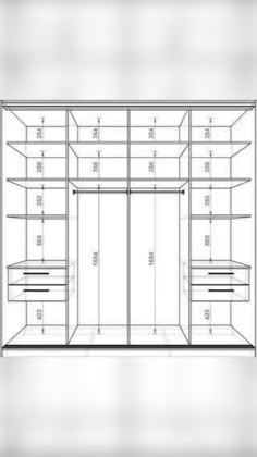 a drawing of a closet with drawers and shelves in the middle, measurements for each section