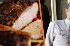 an older man standing next to a plate of meat and another photo of the same person holding a knife