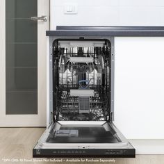 an open dishwasher in a kitchen with white walls and wood flooring on the side