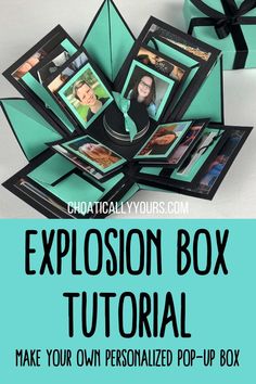 someone is holding a small box with a black bow on it and the text below reads explosion box tutor make your own personalized pop - up box