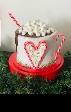 a cake decorated with candy canes and marshmallows