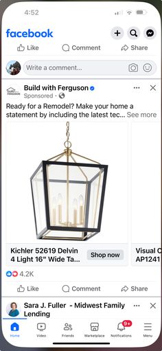 the facebook page is displayed with an image of a lantern hanging from it's ceiling