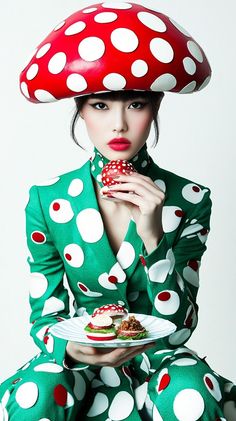 a woman in green and white polka dot dress holding a plate with food on it