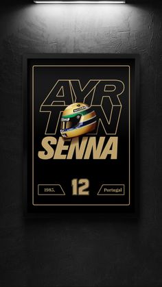 a black and gold poster with the number 12 on it's side, in front of a wall