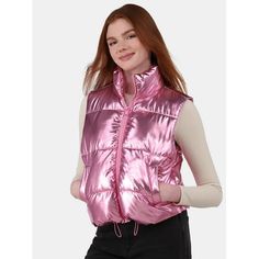 The No Boundaries Metallic Puffer Vest is like a blast from the past with a touch of futuristic flairthink neon lights and retro vibes rolled into one chic package. We love that you can cinch your waist with the adjustable toggle hems and wear it open or closed for endless styling options. The high neck collar will help keep you warm and the handy welt pockets are perfect to stash your essentials. Throw this puffer vest over any of your basics for an effortlessly cool girl look. Only at Walmart. Metallic Vest Outfit, No Boundaries Clothing, Metallic Vest, High Neck Collar, Blast From The Past, Vest Outfits, Junior Outfits, Neon Lights, Puffer Vest