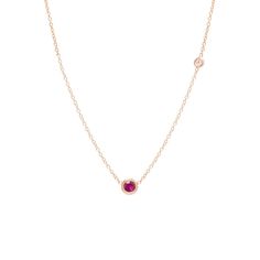 14k gold chain necklace with a single bezel set round ruby and an off-set round white diamond SPECIFICS • 14k cable chain adjustable at 14-15-16"• ruby stone is 3mm, diamond is 2mm• white diamond .03ctw Fine Jewelry Ruby Necklace With Single Cut Diamonds, Ruby Necklace With Single Cut Diamonds, 14k Gold Bezel Setting Necklace, Formal Ruby Necklace With Bezel Setting, Ruby Round Pendant Necklace In Fine Jewelry Style, Red Diamond Bezel Setting Jewelry, Red Diamond Jewelry With Bezel Setting, Red Round Pendant Jewelry With Bezel Setting, Fine Jewelry Ruby With Bezel Setting