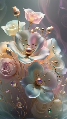 an artistic painting of flowers and pearls