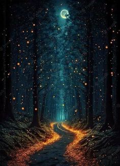 a path in the middle of a forest with glowing lights on it's sides