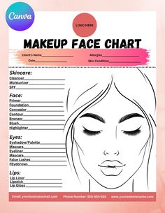 "⭐️EDITABLE in CANVA⭐️ Professionally designed Makeup Artist Face Chart. It is completely customizable. Text, font, and colors are all fully editable to give you complete control of your branding and create a cohesive look for your business. This is an Instant digital download. - Easy to EDIT directly on CANVA - All text can be edited for wording, font, color, size and placement or you can delete them completely. - Add your email, phone number and website. Your files will be available as an INSTANT DOWNLOAD after your purchase, so you will not receive anything physically. After payment, kindly check your email for the PDF file. ⭐️ SIZE: ► LETTER 8,5\" x 11\" ⭐️ WHAT'S INCLUDED: - 1 PDF instructions with link to your Canva template - 1 Pre-made letter size makeup face chart Template ⭐️ HOW Makeup Consultation, Makeup Charts, Spf Face, Minimal Wedding Invitation, Makeup Face Charts, Business Credit Cards, Happy Holiday Cards, Blush Highlighter, Face Chart