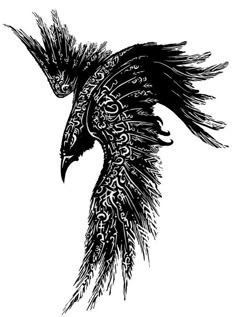 a black and white drawing of a bird with feathers on it's back legs