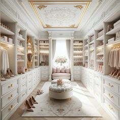 a walk in closet filled with lots of white furniture and shoes on top of it