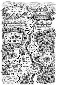 a black and white drawing of a map with the words summerhill woods on it