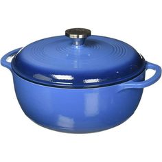 a blue casserole dish with a lid and handle on a white background photo