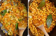 two pictures side by side showing the process of cooking corn and carrots