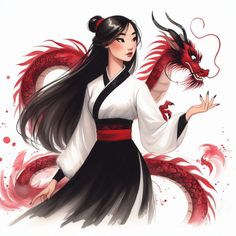 a woman with long black hair holding a red dragon in her hand and wearing a white dress