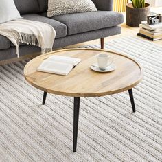 a living room with a gray couch, coffee table and books on the carpeted floor