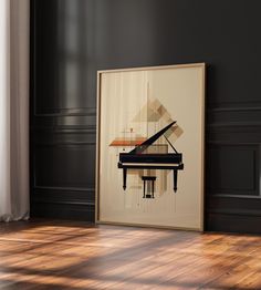 a piano sitting on top of a hard wood floor