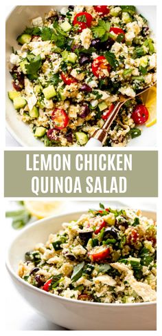 lemon chicken quinoa salad in a white bowl