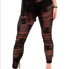 Super Cute Sheer Distressed Leggings! Ripped Bottoms For Summer Party, Ripped Bottoms For Party In Summer, Black Stretch Ripped Bottoms, Black Ripped Stretch Bottoms, Black Stretch Ripped Pants, Black Stretch Distressed Bottoms, Ripped Fitted Party Bottoms, Edgy Stretch Ripped Pants, Fitted Ripped Pants For Night Out