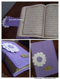 an open book with crocheted flowers on it