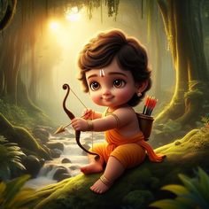 a painting of a baby sitting in the woods with an arrow and bow on his knee