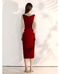 Shop fitted tea length burgundy party dress with sheer collar sleeves online. All instock with free shipping. Pro since 2009. Burgundy Party Dress, Fit Tea, Tea Length, Wedding Rentals, Lovely Dresses, Gorgeous Dresses, I Dress, Beautiful Dresses, High Neck Dress