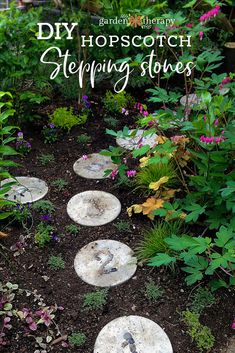 stepping stones in the garden with text overlay that reads diy hopscotch stepping stones